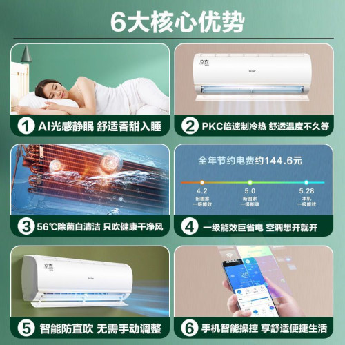 海爾空調1.5匹新一級變頻節能冷暖臥室家用防直吹掛機自清潔35GW