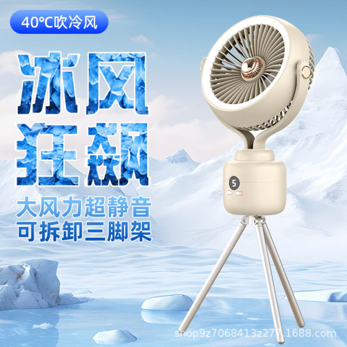 三腳架燈光風扇戶外露營電風扇桌面家用多功能搖頭遙控循環扇跨境