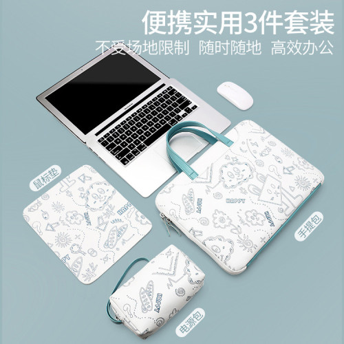 手提可愛卡通印花電腦包適用蘋果Macbook14寸15.6寸筆電電源包