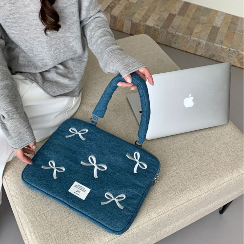 韓國ins新款洗水牛仔刺綉手提電腦包適用於macbook 華爲15.6英寸