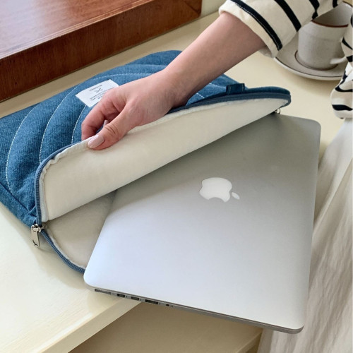 韓國ins新款洗水牛仔刺綉手提電腦包適用於macbook 華爲15.6英寸