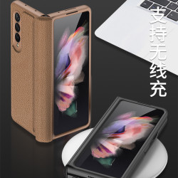 適用三星Z fold3手機殼素皮紋帶筆槽摺疊螢幕w22手機保護套