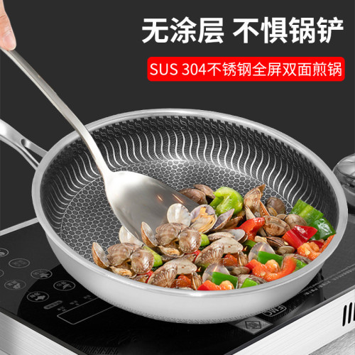 304不鏽鋼煎鍋雙面蜂窩不沾炒菜鍋煎蛋牛排家用平底鍋瓦斯電磁爐