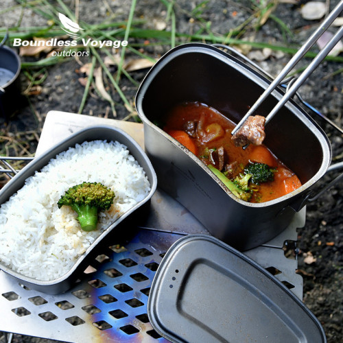 必唯純鈦鈦鍋套鍋輕量折曡手柄戶外炊具2合1鍋具野營蒸鍋飯盒煎鍋