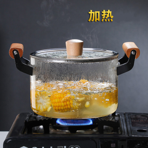 加厚高硼矽玻璃湯鍋燉煮鍋木把鍋可電陶爐明火加熱玻璃鍋煲湯煮麵