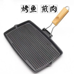 可折曡可攜式鍋煎鍋野炊鑄鐵鍋烤盤防燙木柄戶外燒烤盤雙嘴深牛排鍋