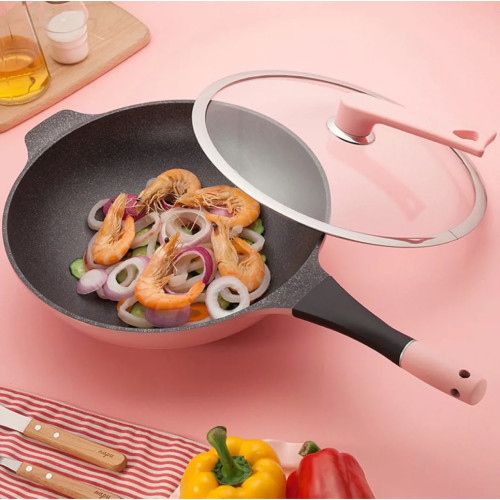 韓式麥飯石炒鍋鋁壓鑄不沾鍋32cm平底炒鍋電磁爐明火通用