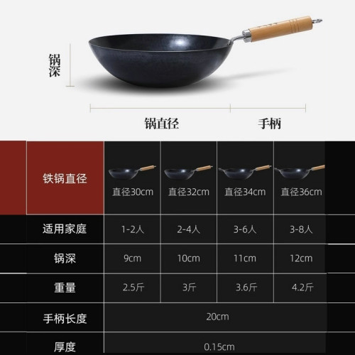 章丘木柄黑鍋鐵鍋家用輕便炒鍋 不沾鍋老式手打無塗層通用炒菜鍋