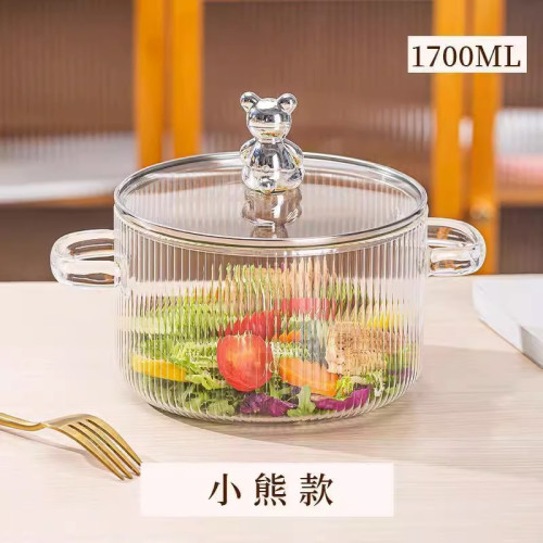 高硼矽家用透明玻璃湯鍋泡麵碗燉湯煲輔食鍋帶蓋雙耳小熊玻璃鍋