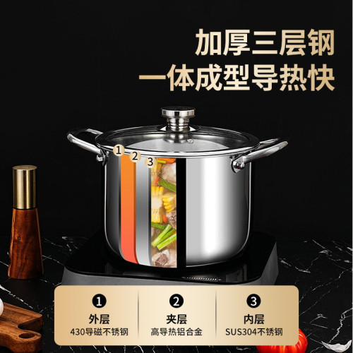 304不鏽鋼高湯鍋加厚家用無塗層蒸鍋不沾燉鍋雙耳鍋電磁爐湯鍋