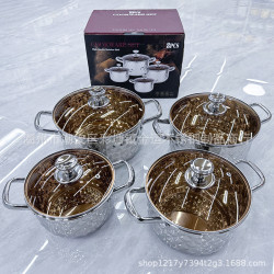 4PCS不鏽鋼套裝鍋茶色玻璃蓋鑽石鍋平底無塗層鍋湯鍋套裝鍋具