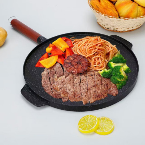 雙耳雙面麥飯石披薩餅鍋28公分少菸平底早餐鍋家用不沾牛排淺煎盤
