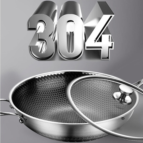 翰樂 食品級鋼材炒鍋304不鏽鋼雙面屏炒鍋三層鋼大口徑不沾鍋