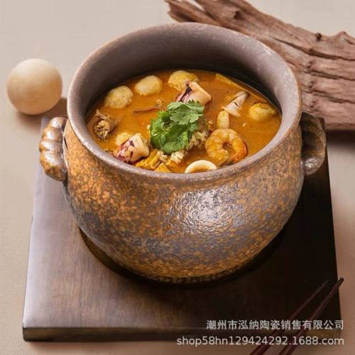 粗陶虎皮釉金財煲農家菜瓦罐湯煲雙耳裝湯碗罐耐高溫酒店餐廳燉湯