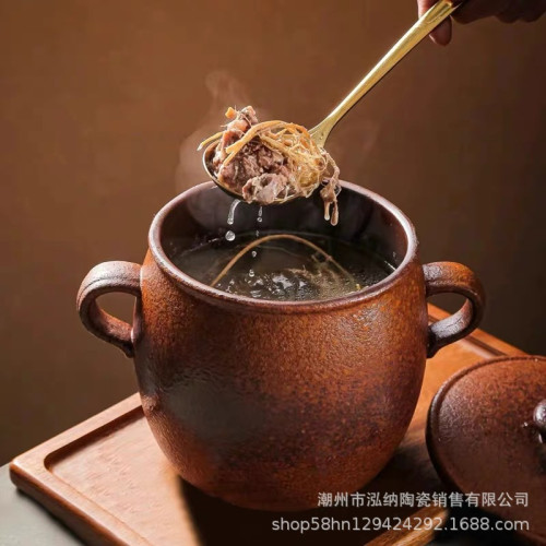 粗陶虎皮釉金財煲農家菜瓦罐湯煲雙耳裝湯碗罐耐高溫酒店餐廳燉湯