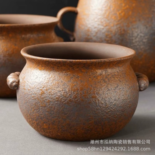 粗陶虎皮釉金財煲農家菜瓦罐湯煲雙耳裝湯碗罐耐高溫酒店餐廳燉湯
