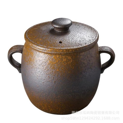 粗陶虎皮釉金財煲農家菜瓦罐湯煲雙耳裝湯碗罐耐高溫酒店餐廳燉湯