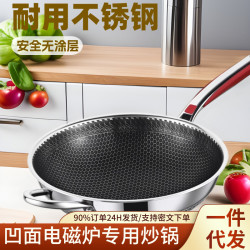 316不鏽鋼炒鍋不沾鍋家用圓底鍋瓦斯爐凹面電磁爐專用尖底炒菜鍋