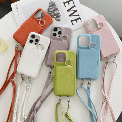 適用iPhone16手機殼蘋果15promax荔枝紋左右開美妝鏡子掛繩手機殼