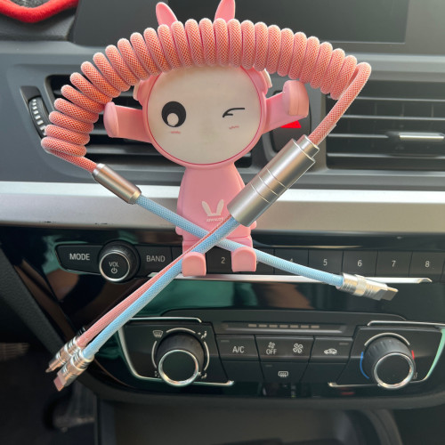 一拖二車用拼色彈簧線100W適用華爲蘋果手機carplay29W數據快充線