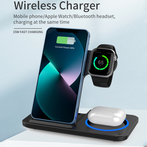 多功能耳機手錶無線充電支架底座雙線圈三合一帶燈折曡無線充電器