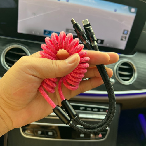 車用撞色彈簧線PD100W適用於華爲蘋果15carplay29W快充數據充電線