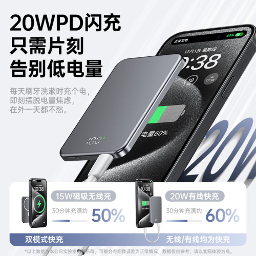 SUIDDY 鋁合金Magsafe磁吸式迷你無線充電寶小巧可攜式快充適用蘋果
