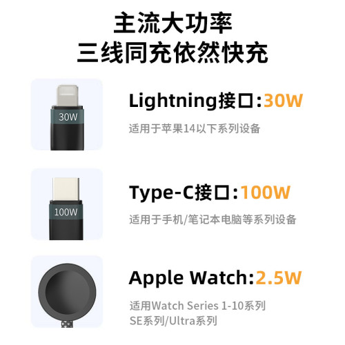 多功能100W二拖三編織數據線iWatch手錶磁吸無線充數據線快充線