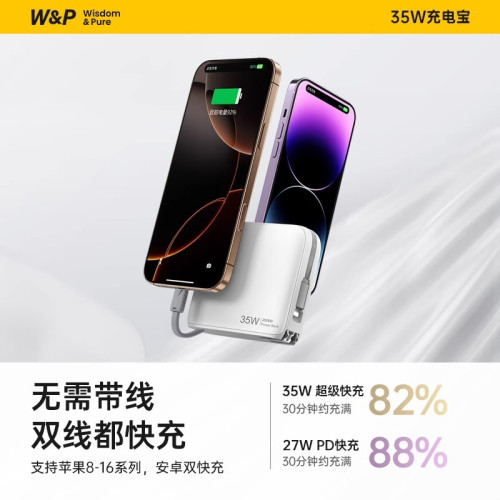 W&P充電寶2w安培大容量自帶線插頭35W快充三合一可攜式飛機三3c認証