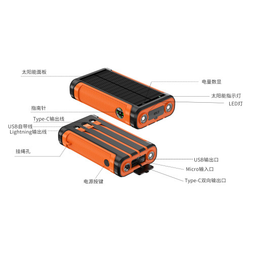 太陽能充電寶20000安培自帶線PD22.5w超級快充無線充露營行動電源