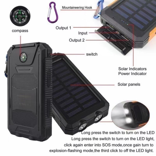 戶外防水太陽能充電寶20000mah大容量指南針行動電源
