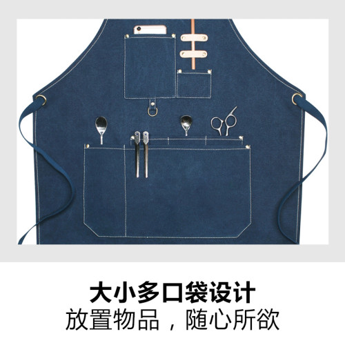 亞馬遜加厚帆布圍裙定制logo嬭茶店酒吧廚師理髮店工作服圍裙批髮