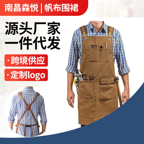 亞馬遜跨境圍裙厚帆布歐美風圍裙木工電工園林工作服圍裙客訂logo