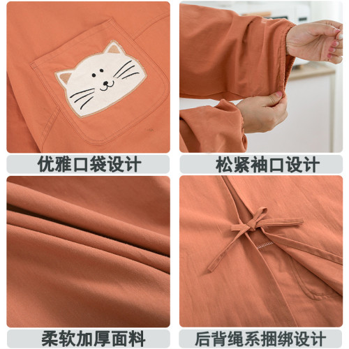 卡通圖圍裙罩衣長袖純棉文藝工作畫畫咖啡店家用羽羢服防汙廚房衣