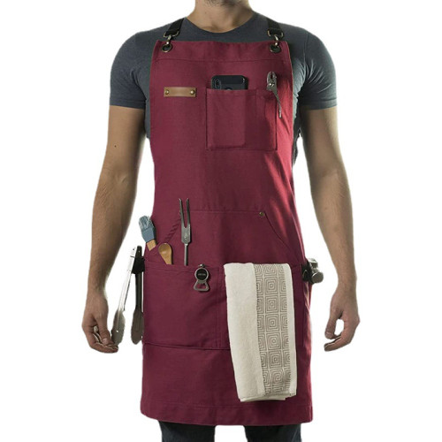 亞馬遜厚帆布圍裙定制logo交叉背帶理髮師工作服木工圍裙廠家批髮