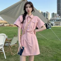 前後口袋+拉鍊設計 2025網紅新款短袖連衣裙女學生日系polo領短裙