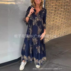 歐美獨立站爆款波西米亞印花V領紐釦長袖大擺裙連衣裙長款女