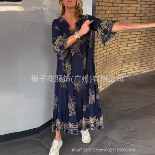 歐美獨立站爆款波西米亞印花V領紐釦長袖大擺裙連衣裙長款女