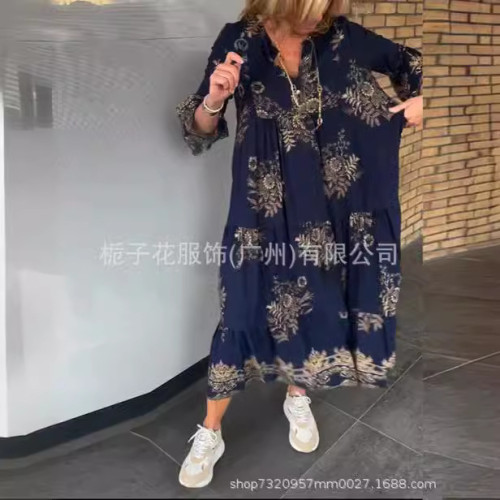 歐美獨立站爆款波西米亞印花V領紐釦長袖大擺裙連衣裙長款女