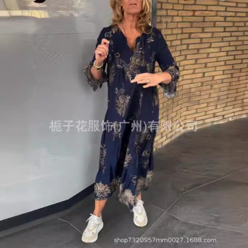 歐美獨立站爆款波西米亞印花V領紐釦長袖大擺裙連衣裙長款女