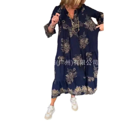 歐美獨立站爆款波西米亞印花V領紐釦長袖大擺裙連衣裙長款女