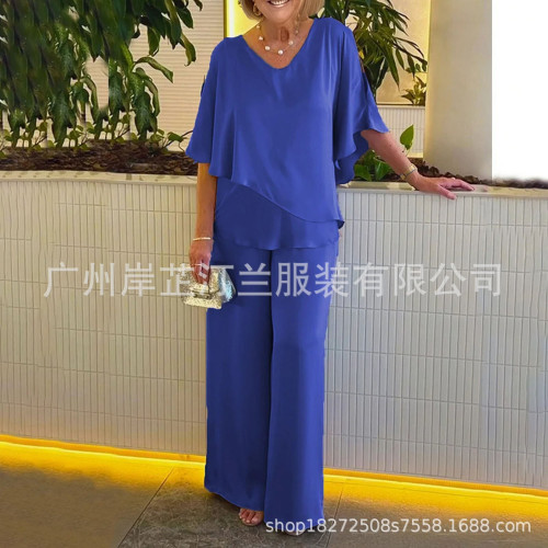 2024歐美新款套裝純色V 領不規則下擺休閒套裝