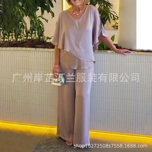 2024歐美新款套裝純色V 領不規則下擺休閒套裝