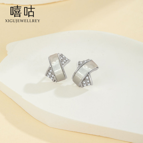 嘻咕E1855 S925銀個性氣質交叉貝母鋯石耳釘簡約小衆設計新款耳飾