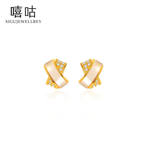 嘻咕E1855 S925銀個性氣質交叉貝母鋯石耳釘簡約小衆設計新款耳飾