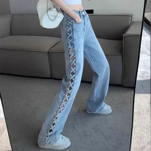 美式鏤空濶腿牛仔褲女2024年春夏設計感顯瘦百搭薄款高腰拖地長褲