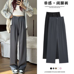 灰色西裝褲女高級感垂感春秋2025新款直筒西褲小個子窄版濶腿褲子