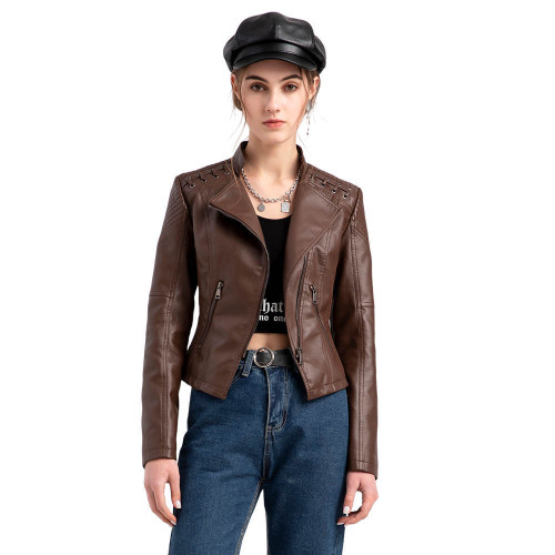 2023歐碼新款春秋女皮衣女短款夾克修身薄款皮外套女士機車服