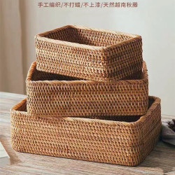 越南藤編桌面遙控器收納盒子 化妝品襍物整理儲物筐 方形收納盒