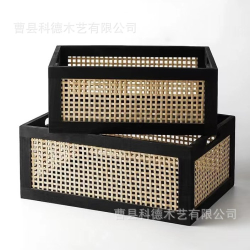 日式手工復古竹編收納筐桌面家用提籃車用露營黑胡桃木襍物儲物筐